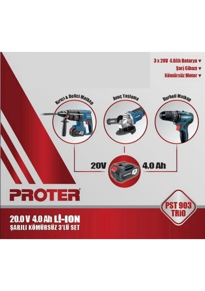 3 Lü Set Pst 904 E Şarjlı Avuç Taşlama + Pst 945 Hd Pnomatik Kırıcı–delici+Pst 924 Bl Şarjlı Matkap 13 mm Kömürsüz Darbeli +3 Akü+Takım Çantası