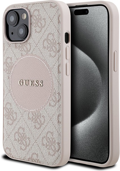 Apple iPhone 15 Kılıf Lisanslı M-Safe Şarj Özellikli Yazı Logolu Circle Classic Kapak Pembe