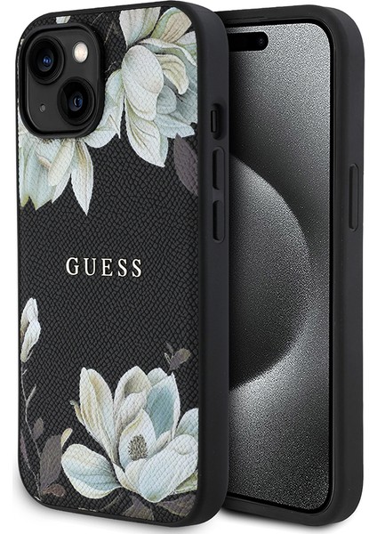 Apple iPhone 15 Kılıf Lisanslı M-Safe Özellikli Taneli Çiçek Tasarımlı Metal Yazı Logolu Kapak Siyah