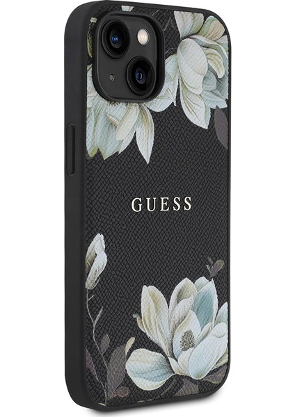 Apple iPhone 15 Kılıf Lisanslı M-Safe Özellikli Taneli Çiçek Tasarımlı Metal Yazı Logolu Kapak Siyah modelleri