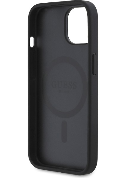 Apple iPhone 15 Kılıf Lisanslı M-Safe Özellikli Taneli Çiçek Tasarımlı Metal Yazı Logolu Kapak Siyah fırsatları