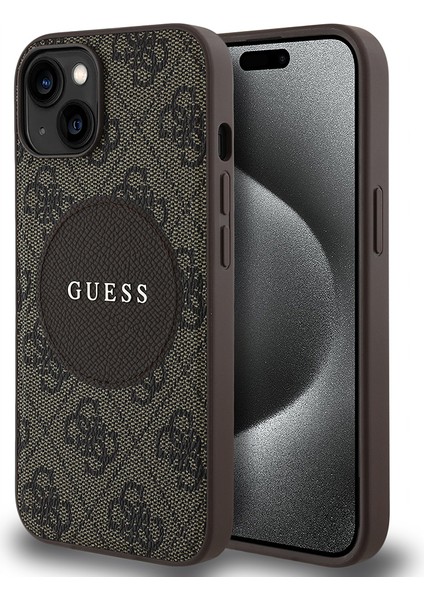 Apple iPhone 15 Kılıf Lisanslı M-Safe Şarj Özellikli Yazı Logolu Circle Classic Kapak Kahverengi