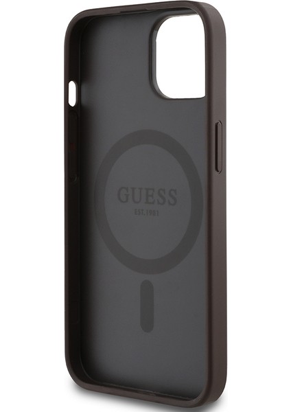 Apple iPhone 15 Kılıf Lisanslı M-Safe Şarj Özellikli Yazı Logolu Circle Classic Kapak Kahverengi