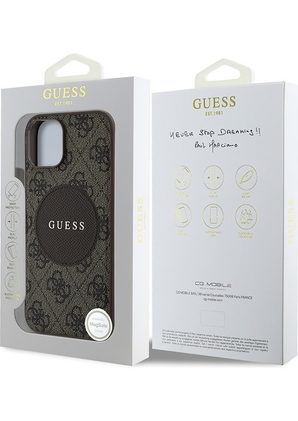 Apple iPhone 15 Kılıf Lisanslı M-Safe Şarj Özellikli Yazı Logolu Circle Classic Kapak Kahverengi