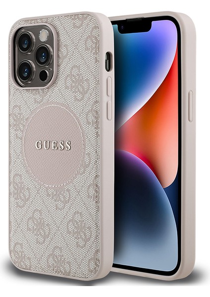 Apple iPhone 14 Pro Max Kılıf Lisanslı M-Safe Şarj Özellikli Yazı Logolu Circle Classic Kapak Pembe