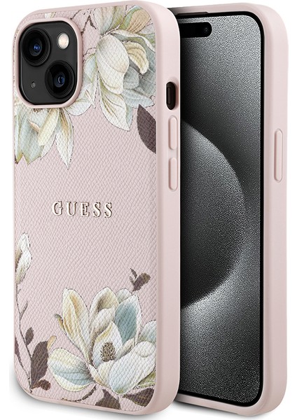 Apple iPhone 15 Kılıf Lisanslı M-Safe Özellikli Taneli Çiçek Tasarımlı Metal Yazı Logolu Kapak Pembe