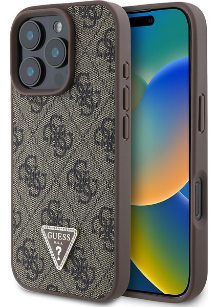 Apple iPhone 16 Pro Kılıf Lisanslı Pu Deri Taşlı Üçgen Logo 4g Desenli Strass Kapak Kahverengi
