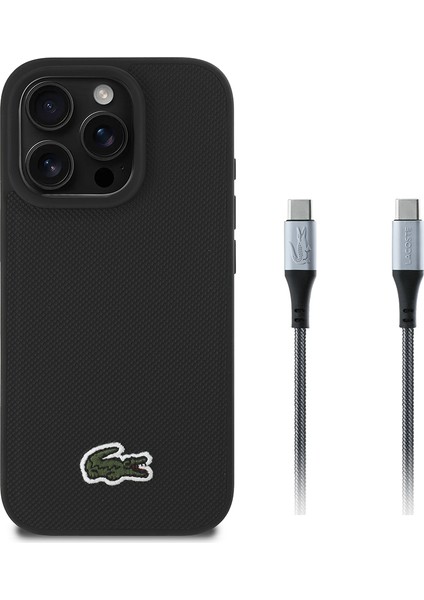 Apple iPhone 16 Pro Kılıf Lacoste Lisanslı Ikonik Timsah Dokuma Logolu Kapak + Type-C Kablo 1.5m Siyah