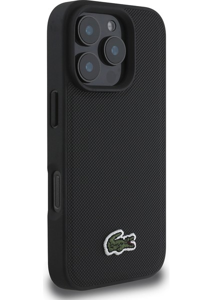 Apple iPhone 16 Pro Kılıf Lacoste Lisanslı Ikonik Timsah Dokuma Logolu Kapak + Type-C Kablo 1.5m Siyah