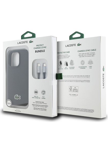 Apple iPhone 16 Pro Kılıf Lacoste Lisanslı Ikonik Timsah Dokuma Logolu Kapak + Type-C Kablo 1.5m Siyah