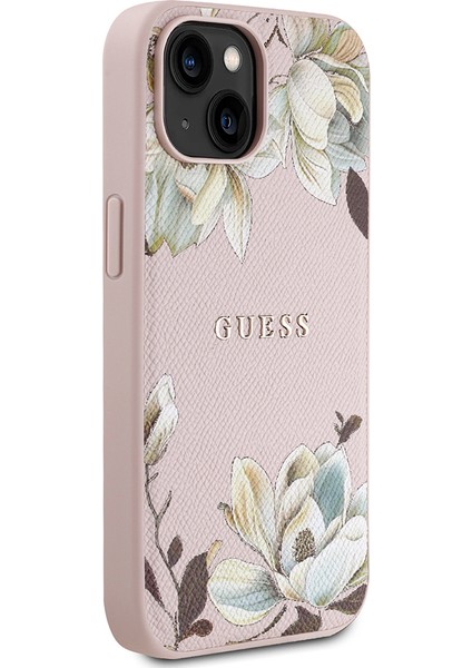 Apple iPhone 15 Kılıf Lisanslı M-Safe Özellikli Taneli Çiçek Tasarımlı Metal Yazı Logolu Kapak Pembe fiyatları