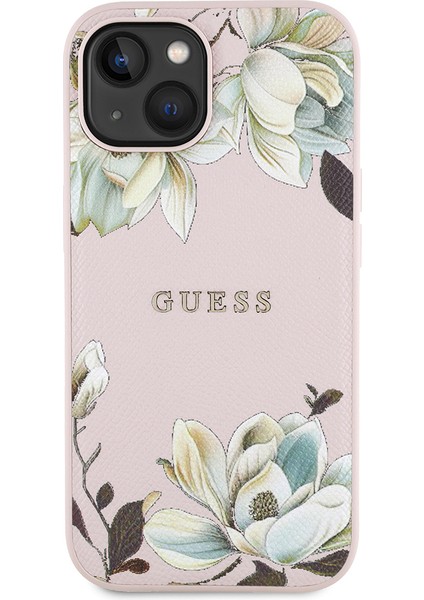 Apple iPhone 15 Kılıf Lisanslı M-Safe Özellikli Taneli Çiçek Tasarımlı Metal Yazı Logolu Kapak Pembe modelleri