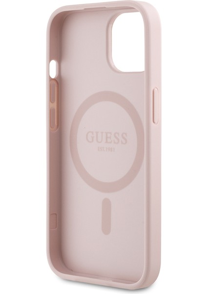 Apple iPhone 15 Kılıf Lisanslı M-Safe Özellikli Taneli Çiçek Tasarımlı Metal Yazı Logolu Kapak Pembe fırsatları