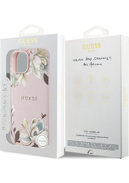 Apple iPhone 15 Kılıf Lisanslı M-Safe Özellikli Taneli Çiçek Tasarımlı Metal Yazı Logolu Kapak Pembe indirimleri