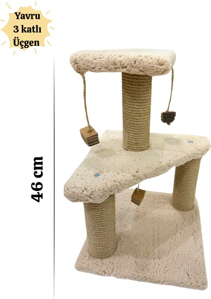 Yavru Kedi Için 46 cm Üçgen Krem Renk Tırmalama Tahtası – 3 Katlı Şık Tasarım, Kaliteli Peluş Yumuşacık Kumaş ve %100 Jüt Ip, fiyatları