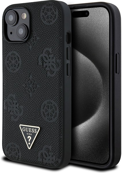 Apple iPhone 15 Kılıf Lisanslı M-Safe Şarj Özellikli Üçgen Logolu Pu Deri Peony Kapak Siyah