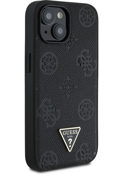 Apple iPhone 15 Kılıf Lisanslı M-Safe Şarj Özellikli Üçgen Logolu Pu Deri Peony Kapak Siyah modelleri