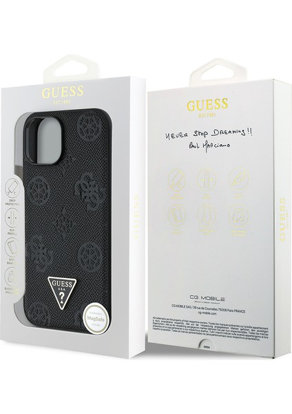 Apple iPhone 15 Kılıf Lisanslı M-Safe Şarj Özellikli Üçgen Logolu Pu Deri Peony Kapak Siyah indirimleri