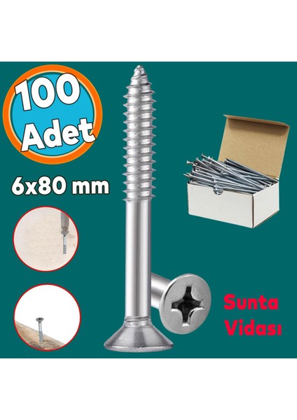 Sunta Vidası Sivri Uçlu Ahşap Tahta Ağaç Mobilya Ayak Kulp Vidası 6X80 mm Paket 100 Adet