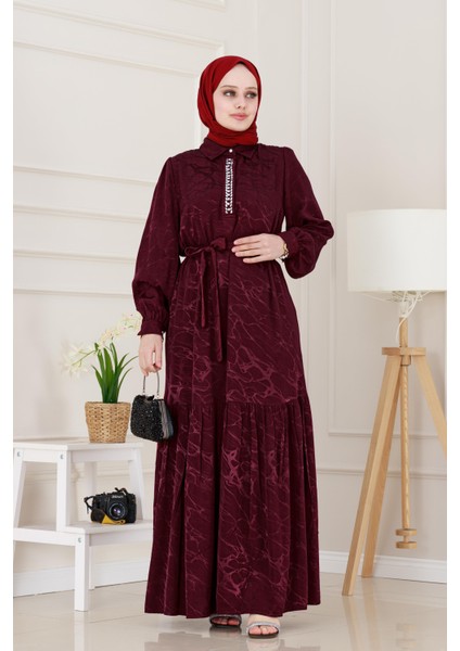 Yakası Taşlı Jakar Saten Abiye Elbise-Bordo