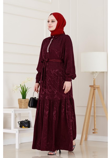Yakası Taşlı Jakar Saten Abiye Elbise-Bordo modelleri