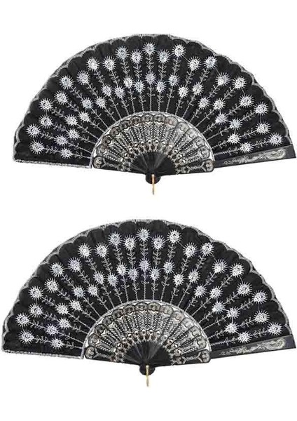 Yelpaze Şık Siyah Gümüş Pullu Yelpaze 2 Adet
