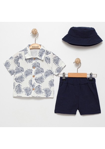 Yaprak Desenli Şapkalı Şortlu Yazlık Erkek Bebek Takım