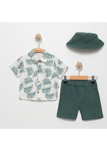 Yaprak Desenli Şapkalı Şortlu Yazlık Erkek Bebek Takım