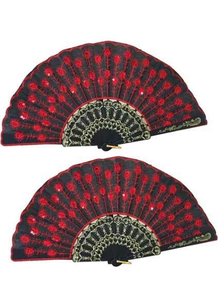 Yelpaze Şık Siyah Kırmızı Pullu Yelpaze 2 Adet