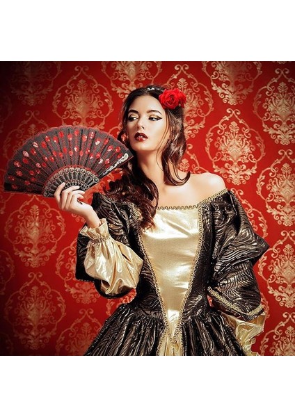 Yelpaze Şık Siyah Kırmızı Pullu Yelpaze 2 Adet modelleri