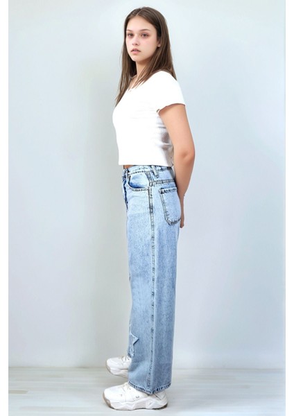 Kız Çocuk Yıldız Desenli %100 Pamuk Yüksek Bel Geniş Paça Kot PANTOLON-PNT-0053 fırsatları
