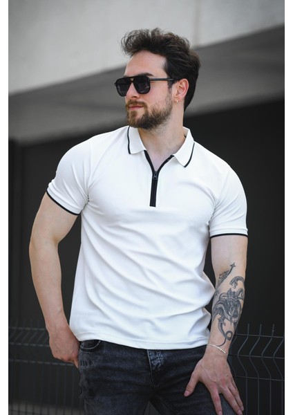 Calep Yakası Şeritli Slim Fit Fermuarlı Polo Yaka Erkek Tshirt