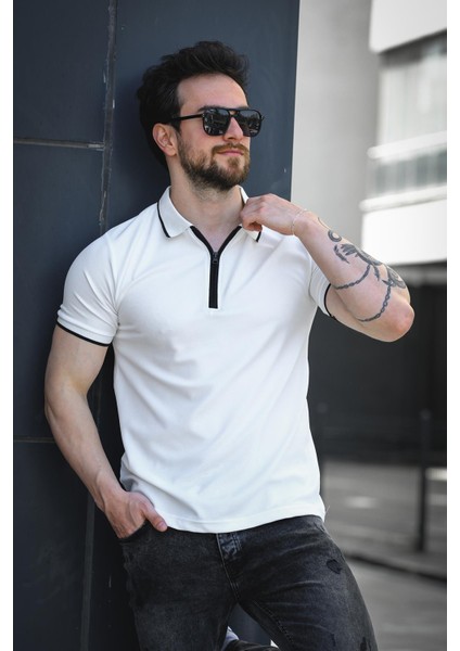 Calep Yakası Şeritli Slim Fit Fermuarlı Polo Yaka Erkek Tshirt modelleri