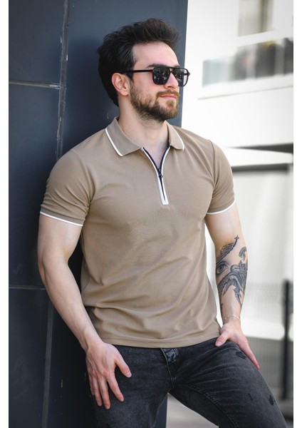 Calep Yakası Şeritli Slim Fit Fermuarlı Polo Yaka Erkek Tshirt