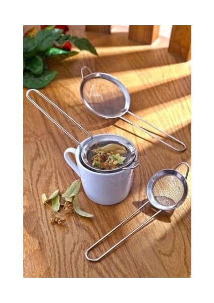Çelik 3'lü Çay Süzgeç Bitki Çayı Süzeceği 3 Parça Süzecek Set 8-10-12 cm