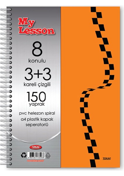 Tokaç My Lesson Plastik Kapak A4 3+3 150 Yaprak Spiralli 8 Bölmeli Ayraçlı Kareli Çizgili Defter