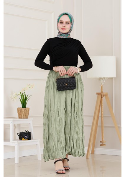 Beli Lastikli Kraş Etek-Mint Yeşili