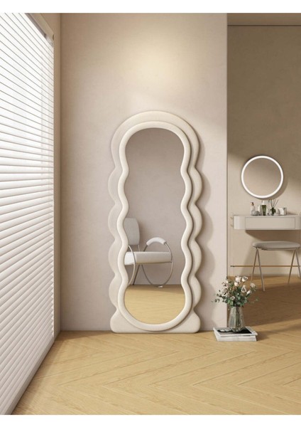 200 cm Kadife Kumaş Çerçeveli Dekoratif Duvar Boy Aynası - Konsol Üstü Salon Aynası