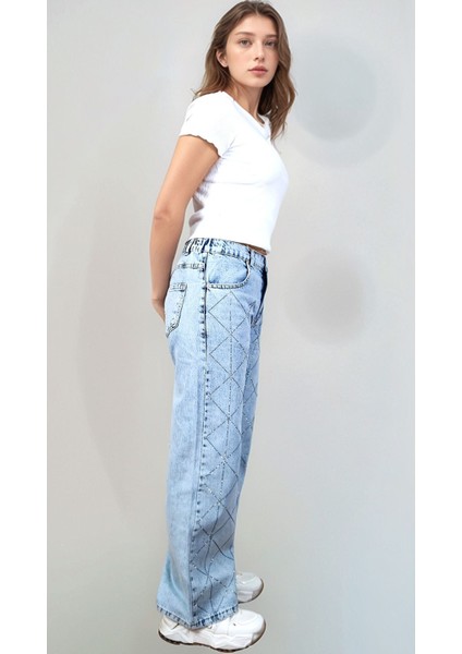 Kız Çocuk %100 Pamuk Taş Işlemeli Palazzo Kot PANTOLON-PNT-2055 fırsatları