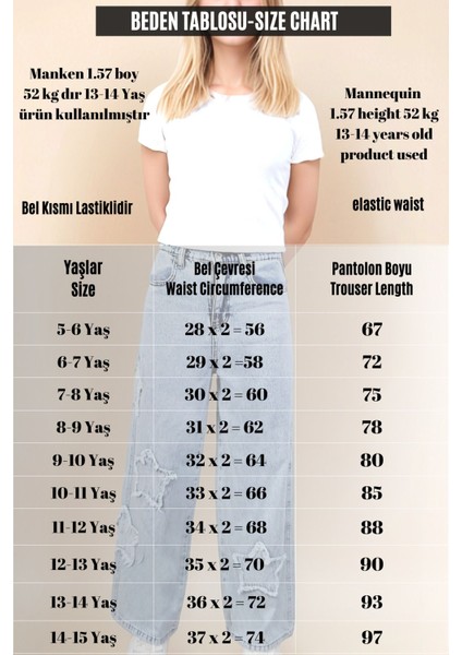 Kız Çocuk Yıldız Desenli Palazzo Kot Pantolon - Geniş Paça, Yüksek Bel, %100 PAMUK-PNT-2053 fırsatları