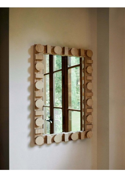 90 x 60 cm Doğal Ahşap Duvar Aynası - Açık