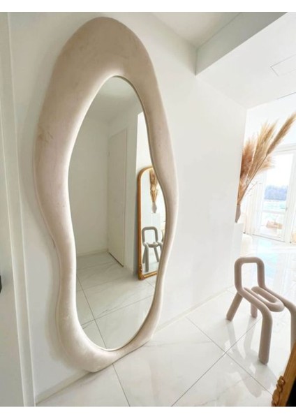 150 cm Kadife Kumaş Çerçeveli Dekoratif Duvar Boy Aynası - Konsol Üstü Salon Aynası