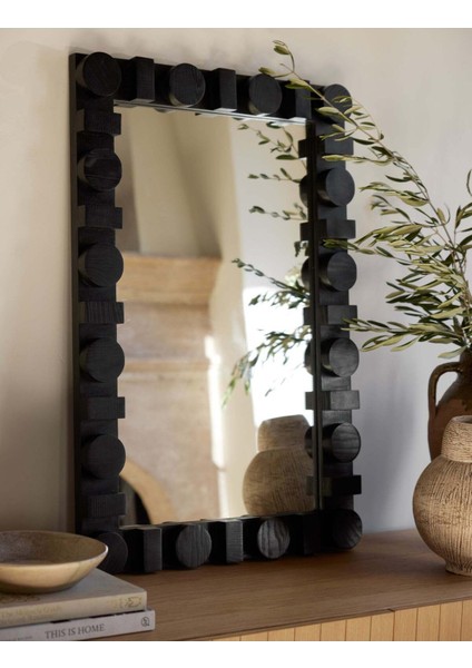 90 x 60 cm Doğal Ahşap Duvar Aynası - Siyah