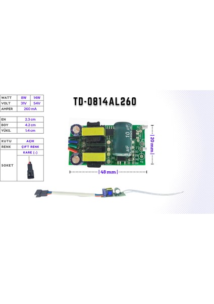 LED Drıver/trafo (8W-14W, 31V-54V, 260MA) Avize LED Panel