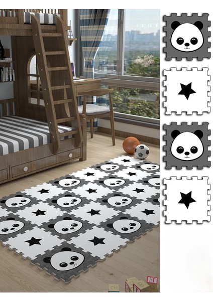 Dijital Baskılı Yıldız-Ayı Desenli Çocuk Bebek Odası Yapboz Puzzle Japon Halı