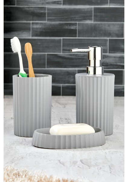 Este 3 Parça Yuvarlak Lavabo Banyo Seti - Sıvı Sabunluk Katı Sabunluk Diş Fırçası