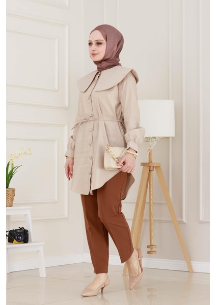 Beli Bağcık Detaylı Geniş Yaka Tunik-Vizon