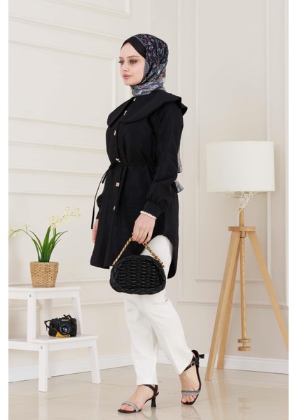 Beli Bağcık Detaylı Geniş Yaka Tunik-Siyah