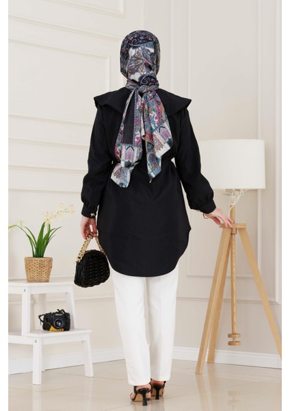 Beli Bağcık Detaylı Geniş Yaka Tunik-Siyah