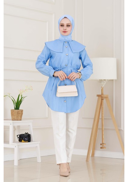 Beli Bağcık Detaylı Geniş Yaka Tunik-Bebe Mavi